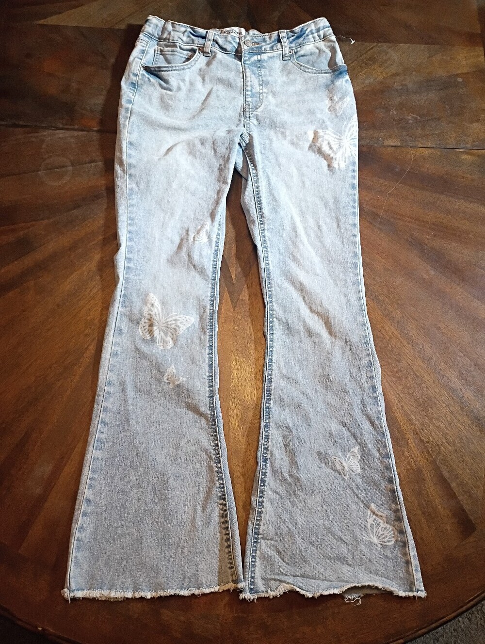 Colorful Planet Girls Size 16 Butterfly Flare Jeans Light Wash Raw Hem Y2K